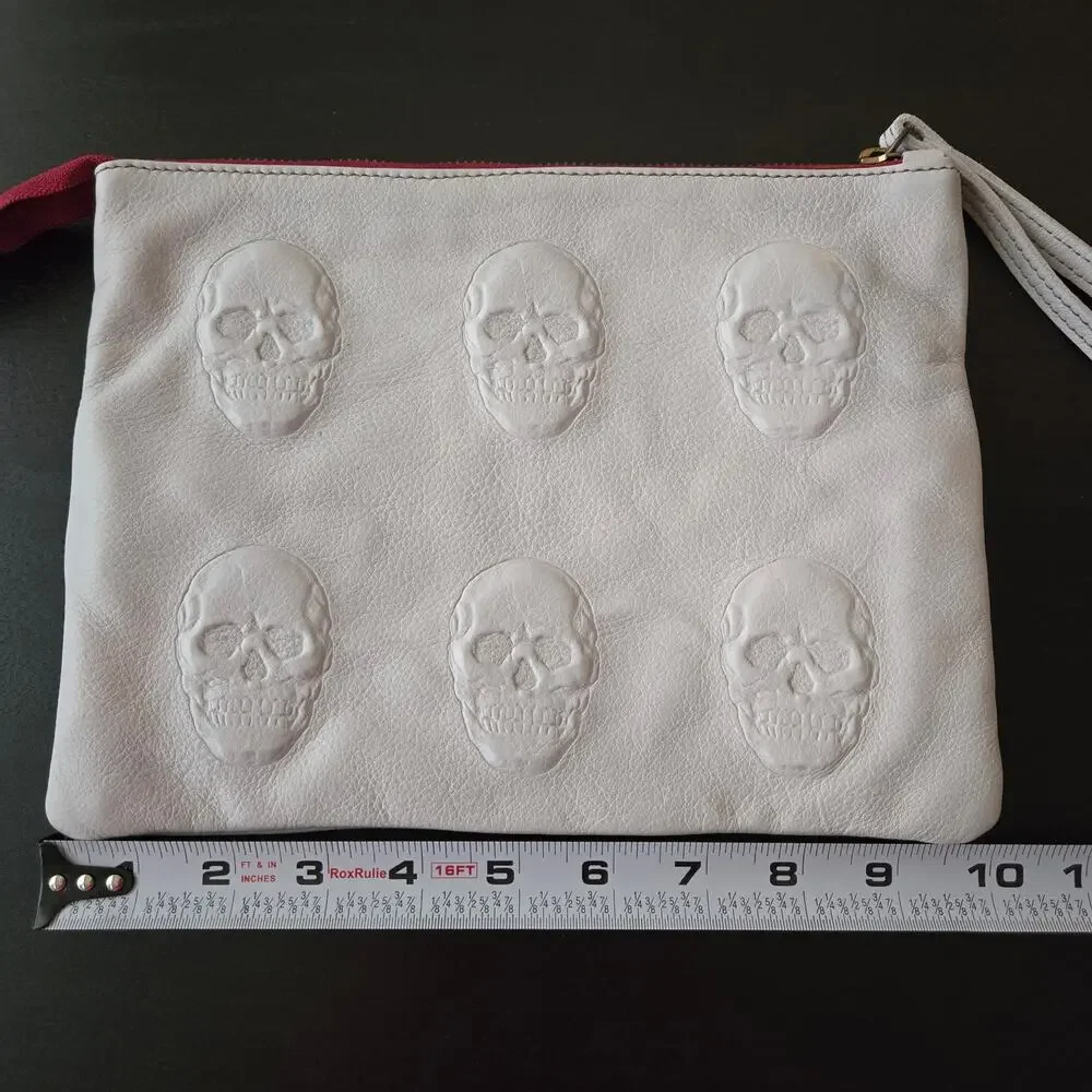 Goth Skull Embossed Leather Wristlet Creamy Gray Italy Made Alternative Edgy